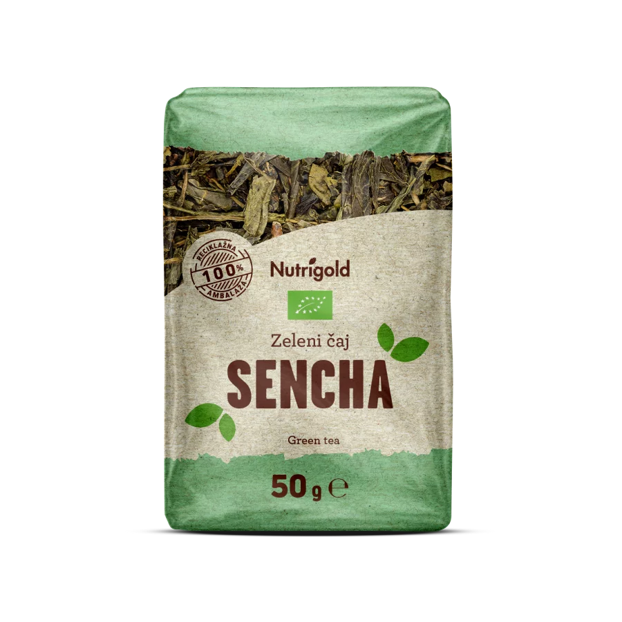 Nutrigold ekološki Sencha zeleni čaj v plastični embalaži, 50g.