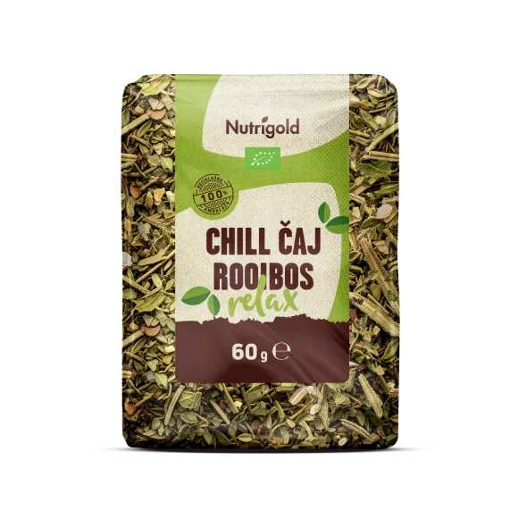 Nutrigold ekološki Chilli čaj Roiboos relax v 60 gramski plastični embalaži.