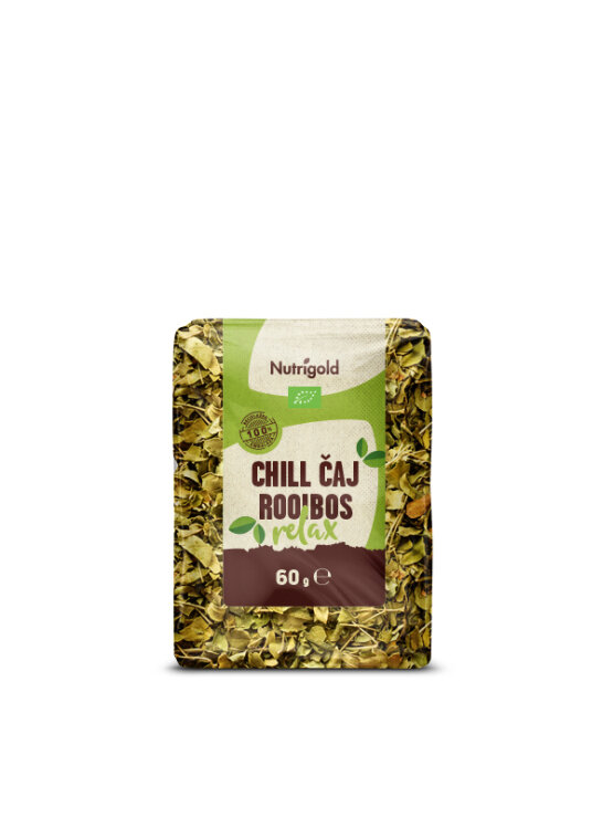 Nutrigold ekološki Chilli čaj Roiboos relax v 60 gramski plastični embalaži.
