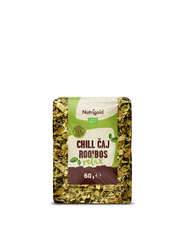 Nutrigold ekološki Chilli čaj Roiboos relax v 60 gramski plastični embalaži.