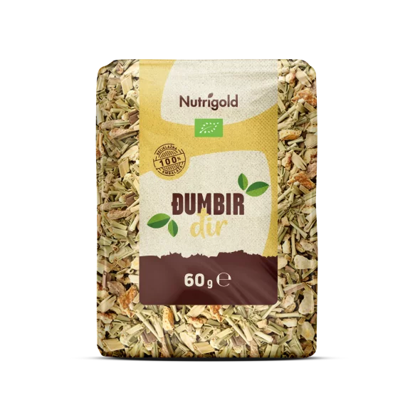 Nutrigold ekološki ingverjev čaj v 60 gramski plastični embalaži.