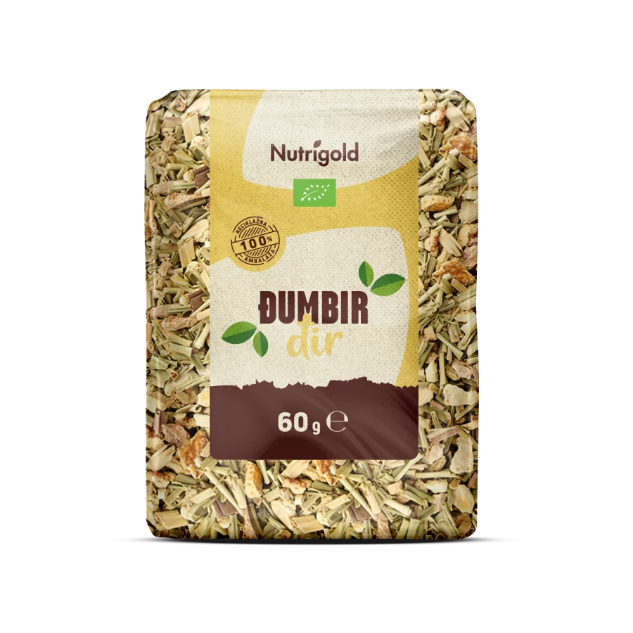 Nutrigold ekološki ingverjev čaj v 60 gramski plastični embalaži.