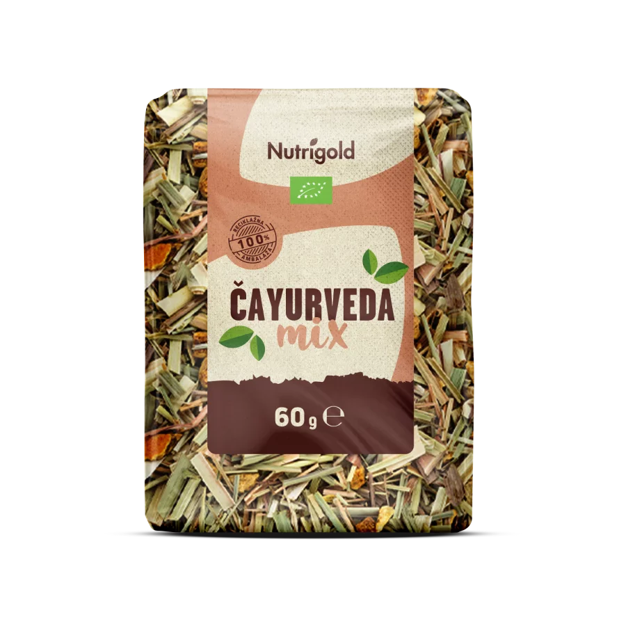 Čajurveda ekološka čajna mešanica v 60 gramski plastični embalaži.