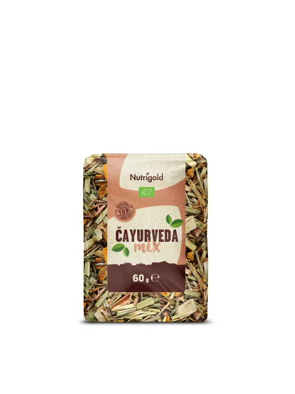 Čajurveda ekološka čajna mešanica v 60 gramski plastični embalaži.
