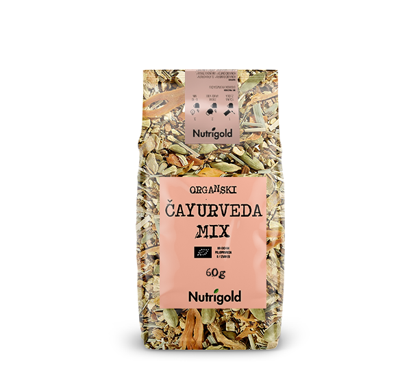 Nutrigold organski čaj čayurveda mix u prozirnoj plastičnoj ambalaži od 60 grama.