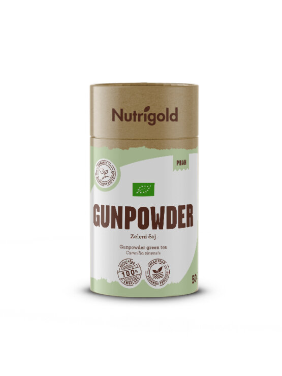 Nutrigold ekološki gunpowder zeleni čaj v 50 gramski embalaži.