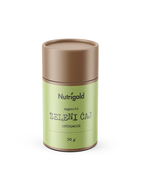 Nutrigold ekološki gunpowder zeleni čaj v 50 gramski embalaži.