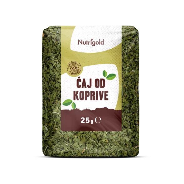 Koprivin čaj v prozorni 25 gramski plastični embalaži z nalepko.