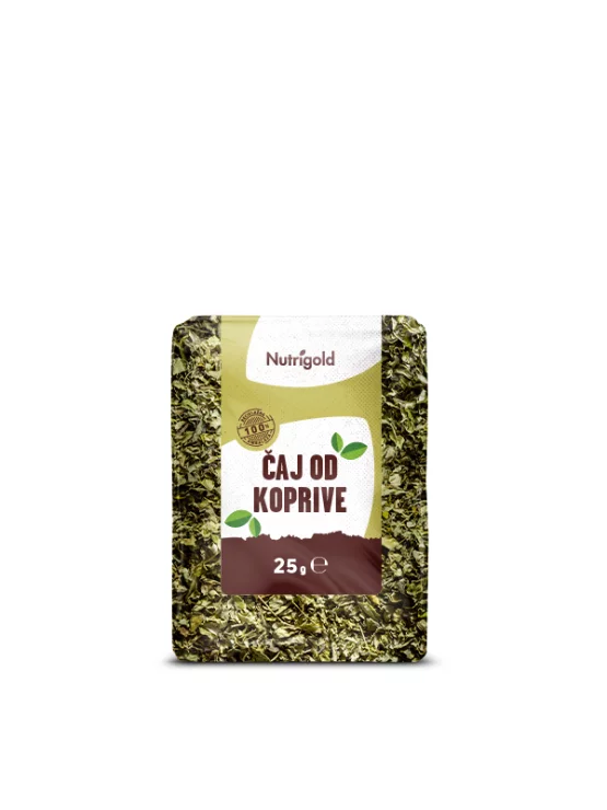 Koprivin čaj v prozorni 25 gramski plastični embalaži z nalepko.