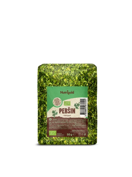 Nutrigold ekološki drobljeni peteršilj v prozorni plastični embalaži, 50g.
