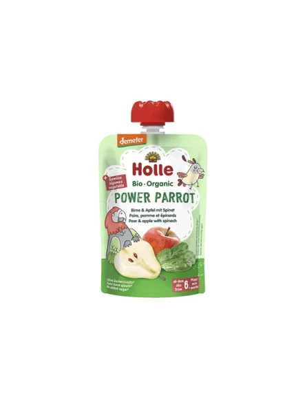 Holle ekološki sadni pire s hruško, jabolkom in špinačo v vrečki s pokrovčkom, 100g.