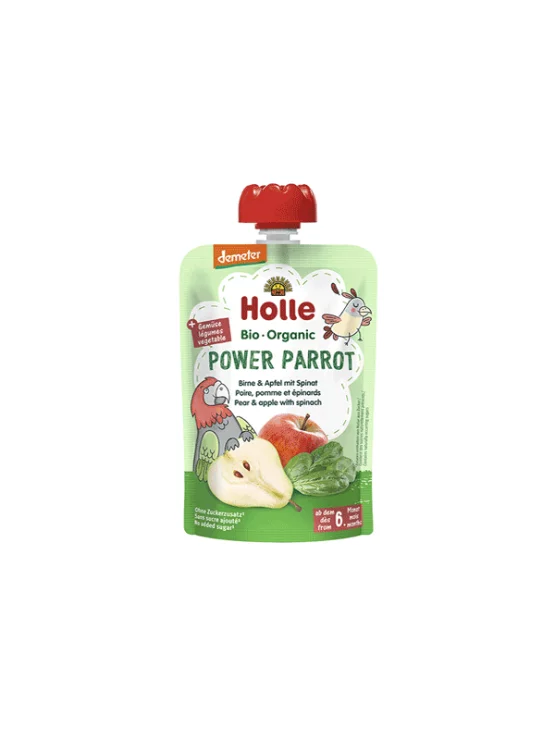 Holle ekološki sadni pire s hruško, jabolkom in špinačo v vrečki s pokrovčkom, 100g.