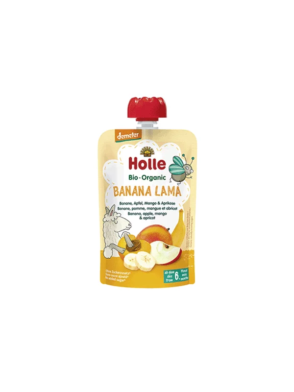 Holle ekološki sadni pire "Banana lama" z banano, jabolkom, mangom in marelico v vrečki s pokrovčkom, 100g.