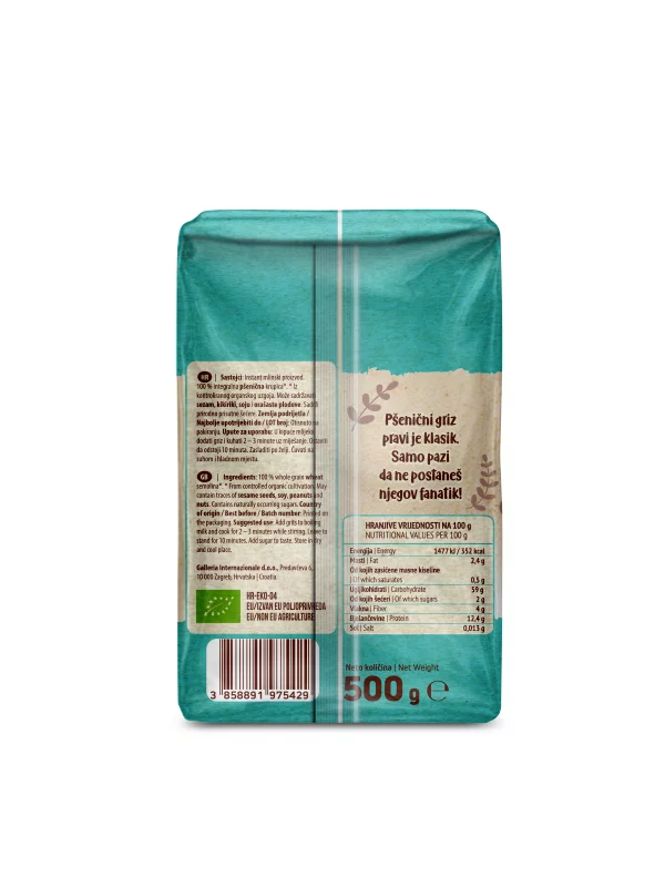 Nutrigold ekološki polnozrnati pšenični zdrob, 500g.