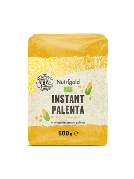 Nutrigold ekološka polenta v prozorni plastični embalaži, 500g.