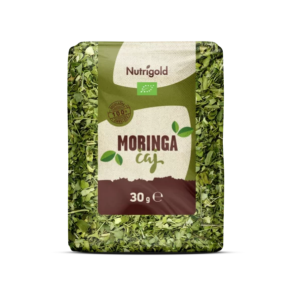 Nutrigold ekološki čaj iz moringe v 30 gramski prozorni embalaži.