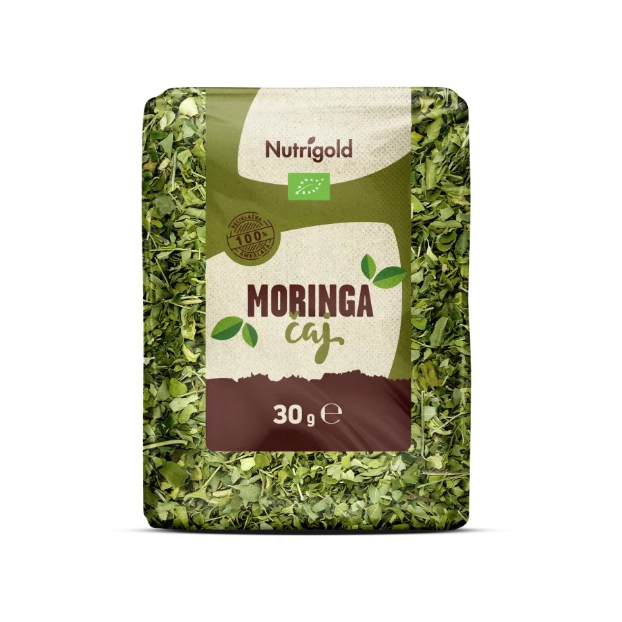 Nutrigold ekološki čaj iz moringe v 30 gramski prozorni embalaži.
