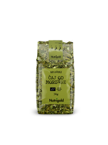 Nutrigold ekološki čaj iz moringe v 30 gramski prozorni embalaži.