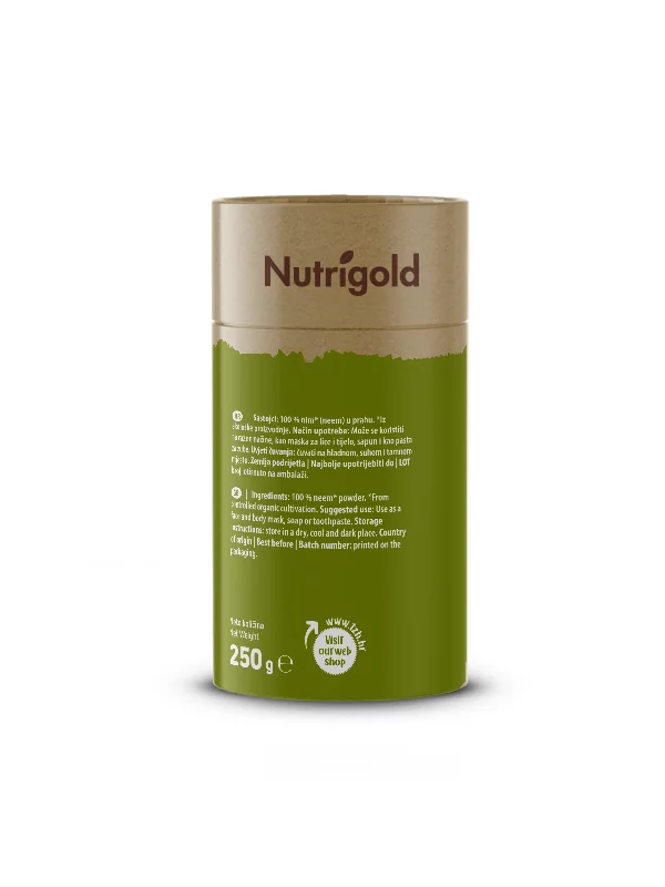 Nutrigold Neem prah v rjavi valjkasti embalaži, 250g.