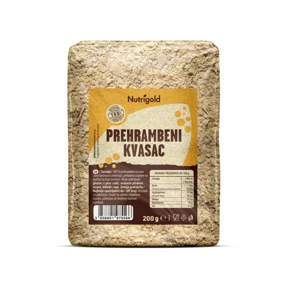 Nutrigold Prehranski kvas v kosmičih v prozorni plastični embalaži, 200 g.