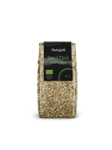 Nutrigold ekološka drobljena bazilika v prozorni 50 gramski embalaži.