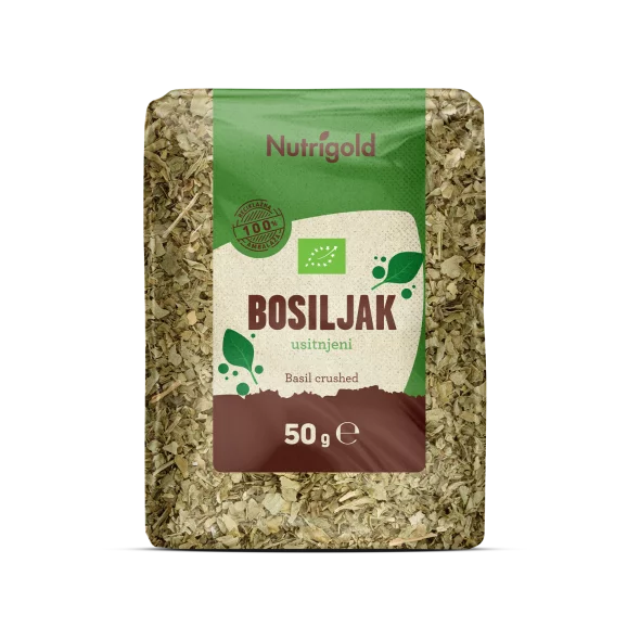 Nutrigold ekološka drobljena bazilika v prozorni 50 gramski embalaži.