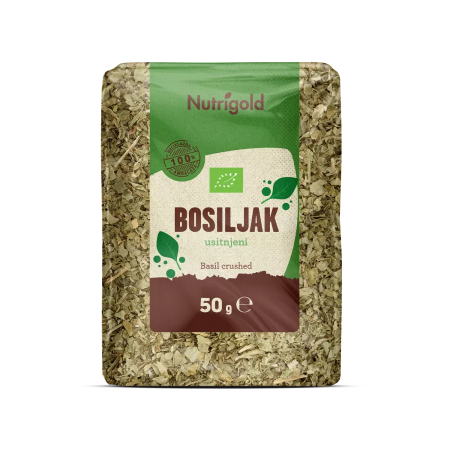 Nutrigold ekološka drobljena bazilika v prozorni 50 gramski embalaži.