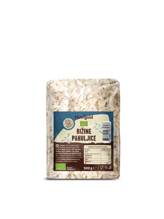 Nutrigold ekološki riževi kosmiči v prozorni plastični embalaži, 500g.