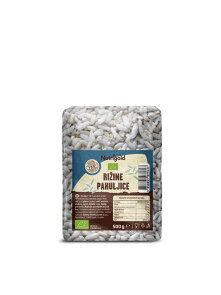 Nutrigold ekološki riževi kosmiči v prozorni plastični embalaži, 500g.