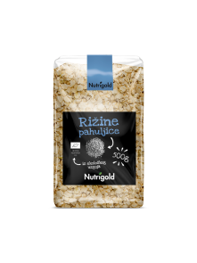 Nutrigold ekološki riževi kosmiči v prozorni plastični embalaži, 500g.