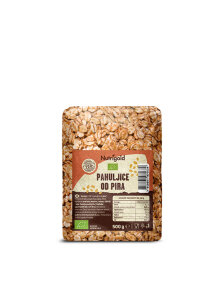Nutrigold ekološki pirini kosmiči v prozorni plastični embalaži, 500g.