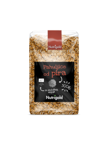 Nutrigold ekološki pirini kosmiči v prozorni plastični embalaži, 500g.