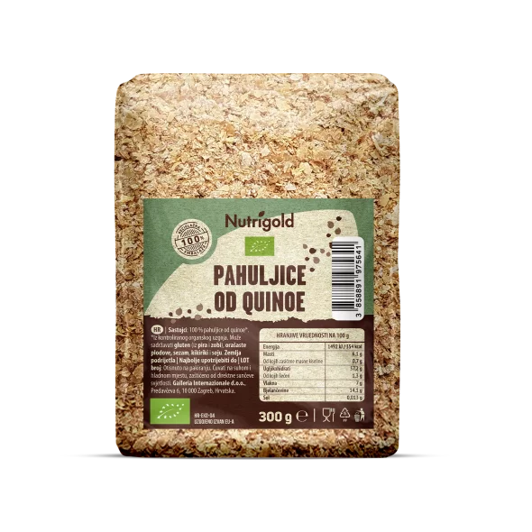 Nutrigold ekološki kvinojini kosmiči v prozorni plastični embalaži.