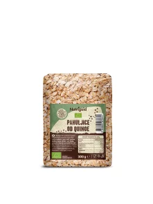 Nutrigold ekološki kvinojini kosmiči v prozorni plastični embalaži.