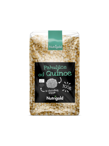 Nutrigold ekološki kvinojini kosmiči v prozorni plastični embalaži.
