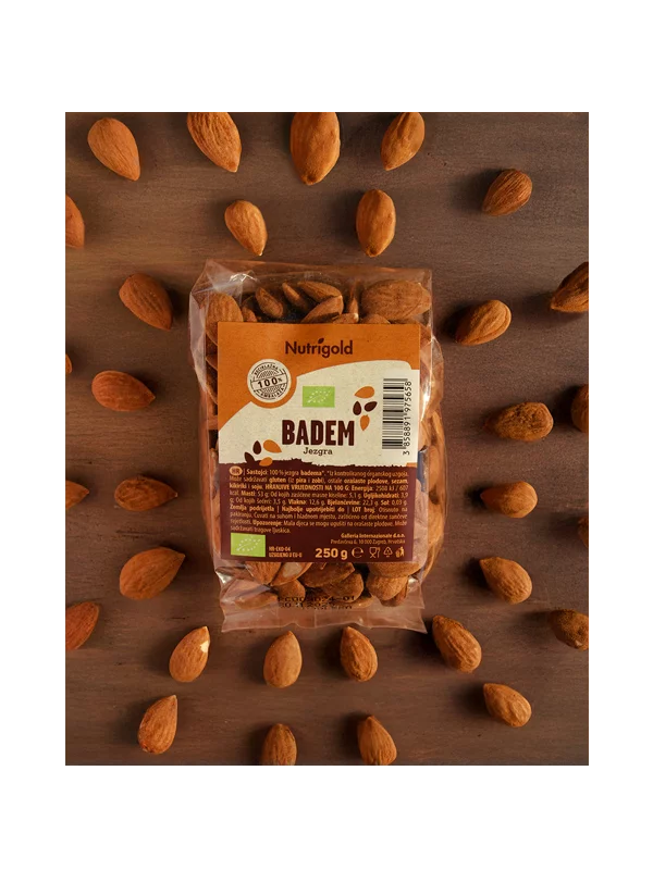 Nutrigold ekološki mandlji v 250 gramski prozorni plastični embalaži
