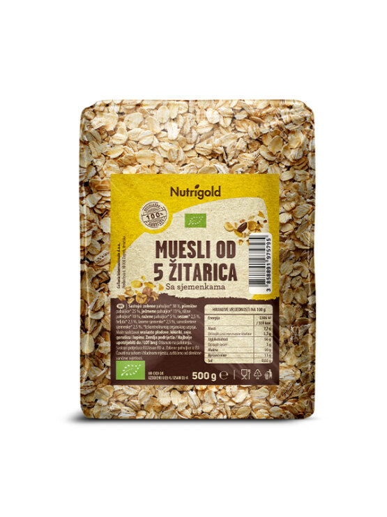 Nutrigold muesli iz 5 žit s semeni v prozorni embalaži 500g