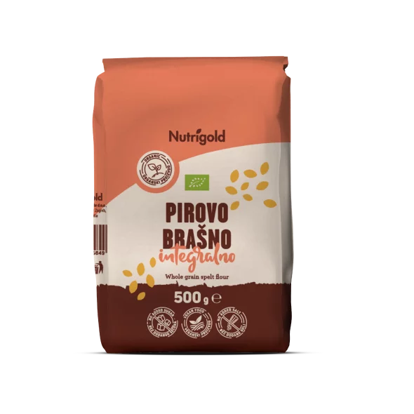 Nutrigold ekološka pirina moka v rjavi papirnati embalaži, 500g.
