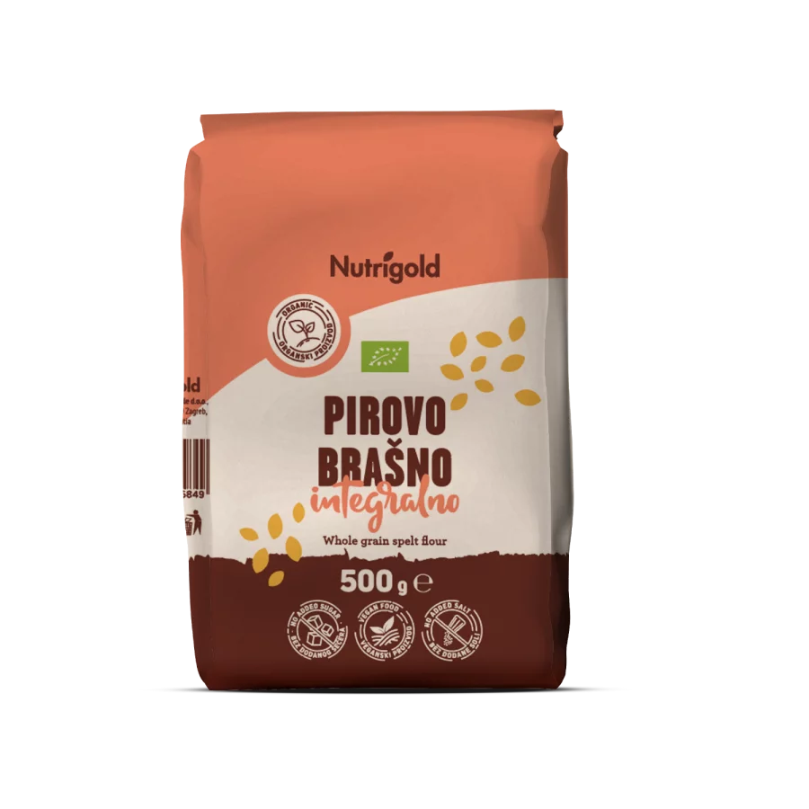Nutrigold ekološka pirina moka v rjavi papirnati embalaži, 500g.