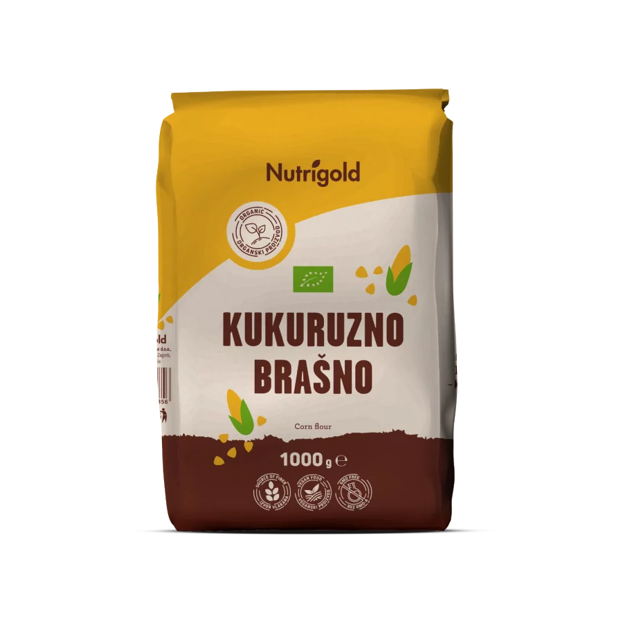Nutrigold ekološka koruzna moka v rjavi papirnati embalaži, 1000g.