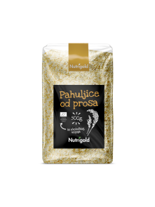 Nutrigold ekološki proseni kosmiči v prozorni plastični embalaži, 500g.