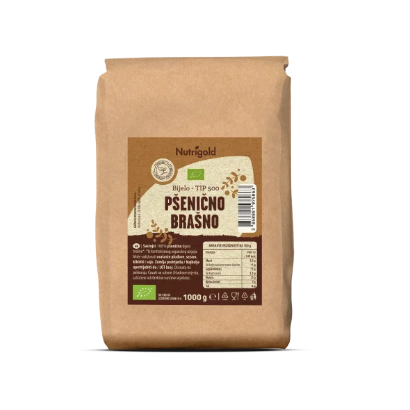 Nutrigold bela pšenična moka tip 500 v rjavi papirnati embalaži, 1000g.
