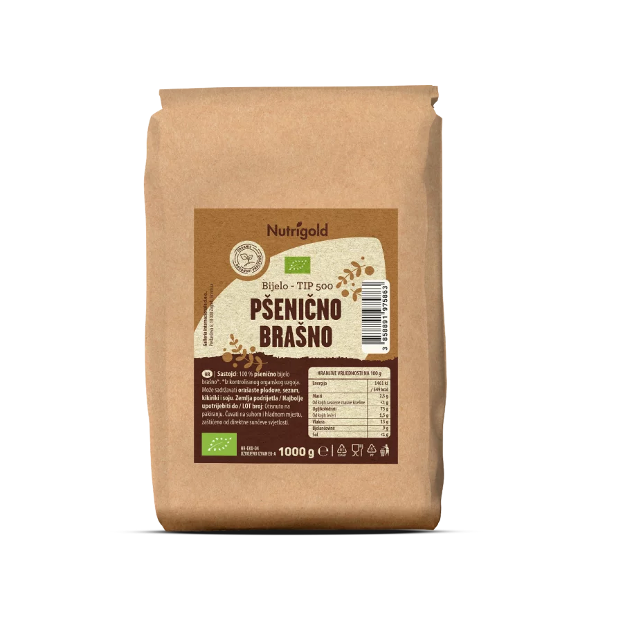 Nutrigold bela pšenična moka tip 500 v rjavi papirnati embalaži, 1000g.