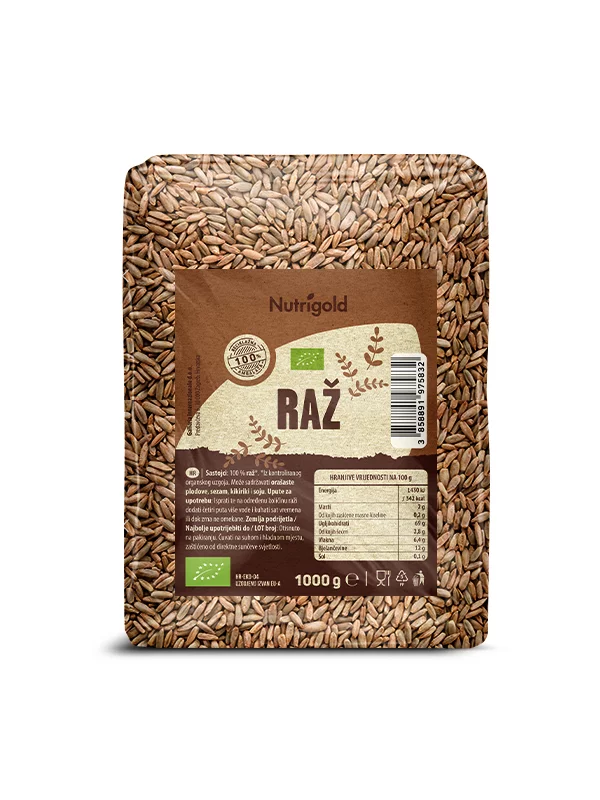 Nutrigold ekološka rž v prozorni plastični embalaži, 1000g.