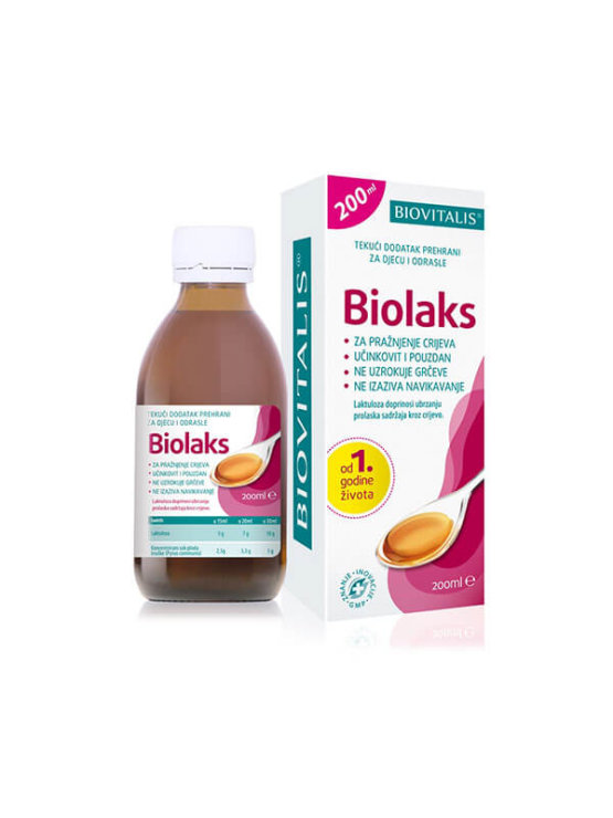 Tekoče prehransko dopolnilo Biovitalis za praznjenje črevesja za otroke in odrasle v temni steklenički, 200ml.