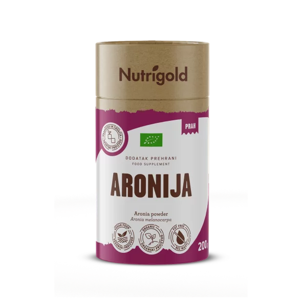 Nutrigold ekološka aronija v prahu v 200 gramski rjavi embalaži.
