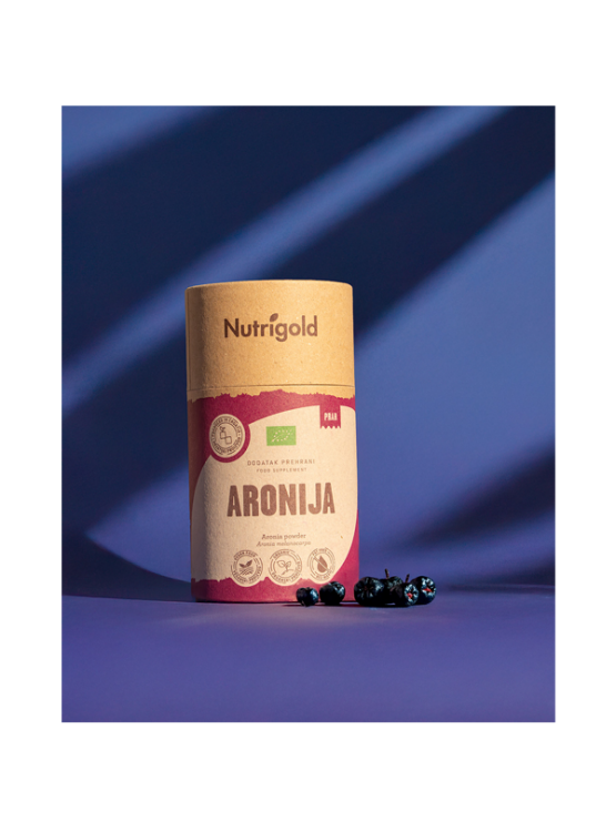 Nutrigold ekološka aronija v prahu v 200 gramski rjavi embalaži.