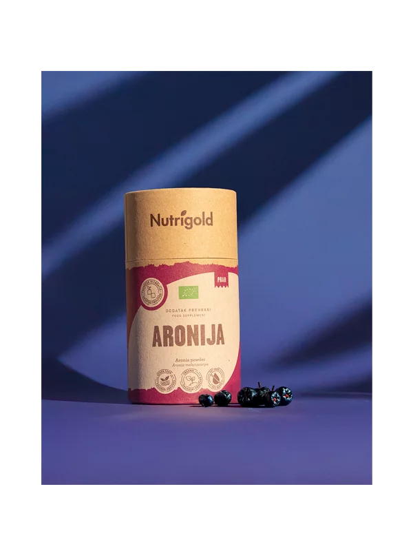 Nutrigold ekološka aronija v prahu v 200 gramski rjavi embalaži.