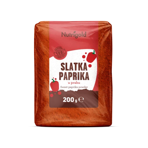 Nutrigold sladka paprika v prahu v prozorni plastični embalaži.