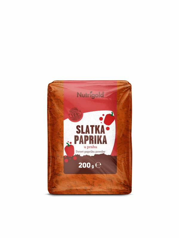 Nutrigold sladka paprika v prahu v prozorni plastični embalaži.